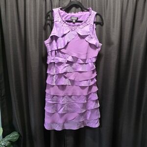 SL Fashions Purple Tiered Ruffle Beaded Cocktail Dress Size 16 Metallic Shimmer*